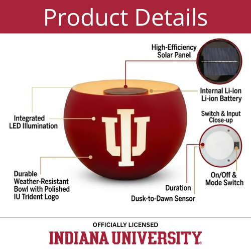Product details of a red Indiana University-themed solar light with labeled components on a white background.