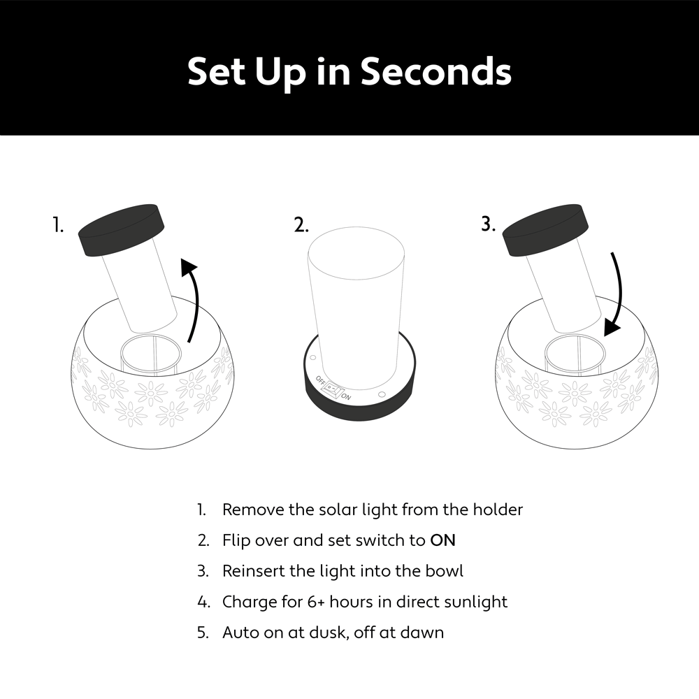 Step-by-step guide for setting up a solar light with illustrations and text.